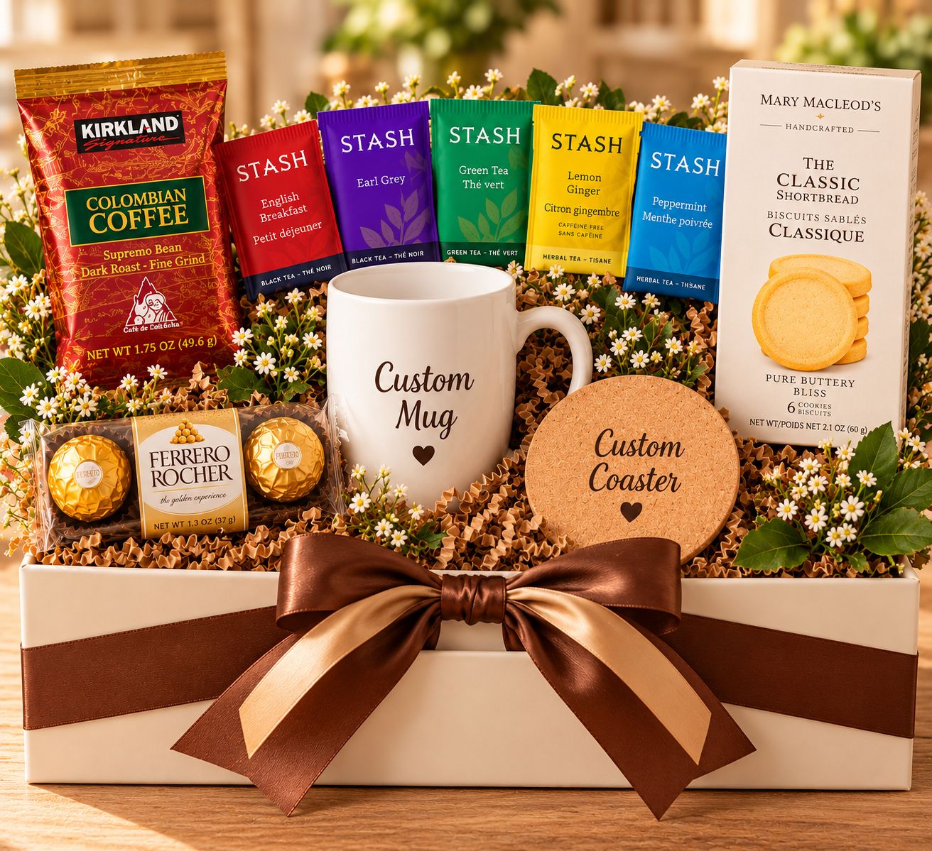 Tea Gift Basket with Personalized Coffee Mug and Keepsake Coaster